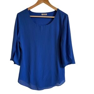 Acevoq Women's Blue Scoop Neck 3/4 Sleeve Chiffon Overlay Blouse Top Size‎ S
